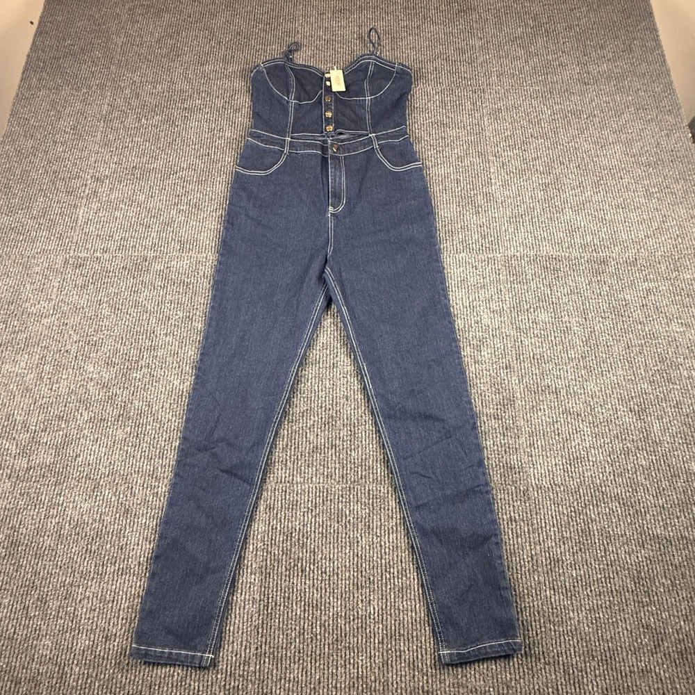 NWT Mebon by Machine Jeans Womens LARGE Dark Wash Denim Corset Jumpsuit Cutout